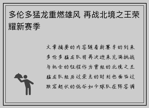 多伦多猛龙重燃雄风 再战北境之王荣耀新赛季